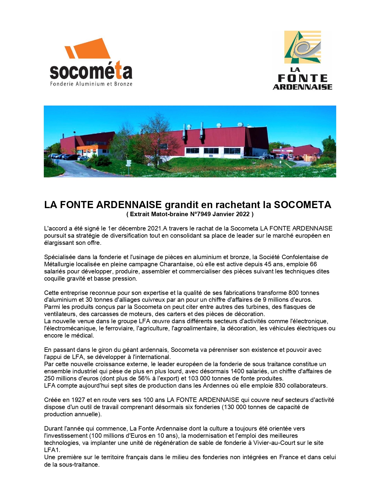 LA FONTE ARDENNAISE se diversifie en rachetant la SOCOMETA